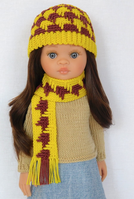 Описание вязания шапки и шарфа для куклы Паола Рейна